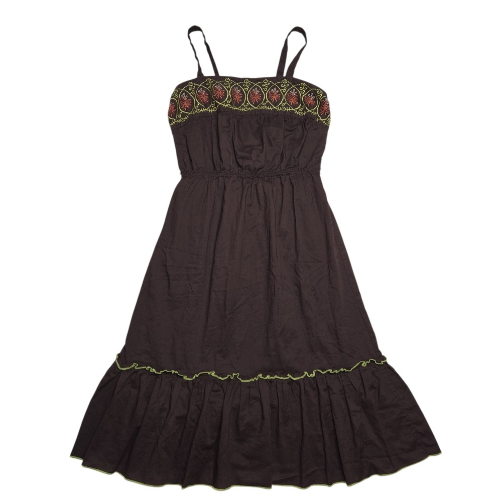 Mossimo Dress Boho Cottagecore Womens S Brown Embroidered Cotton Midi Sun Dress